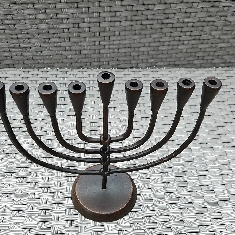 Vintage Crate&Barrel Hanukkah Jewish Menorah Antique Bronze Wrought Iron Holder